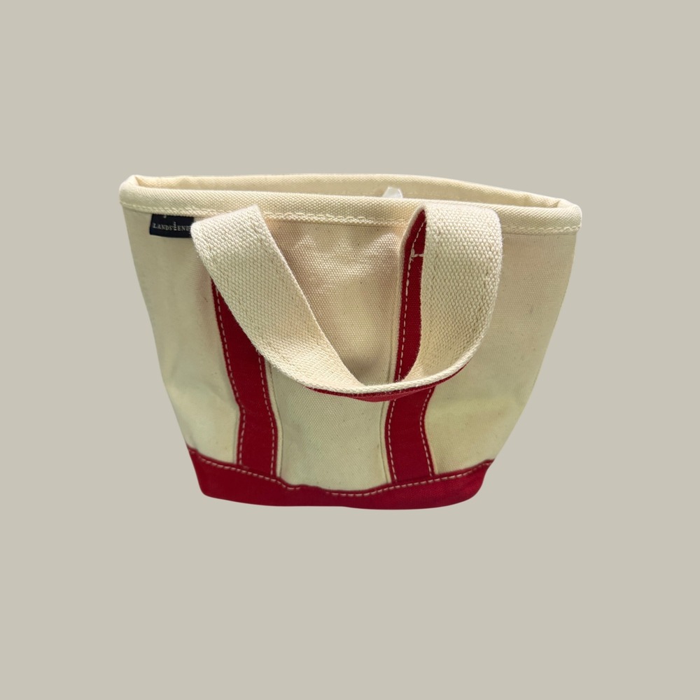 Lands End Mini Canvas Tote Bag Cream Red Small Top Handle Handbag